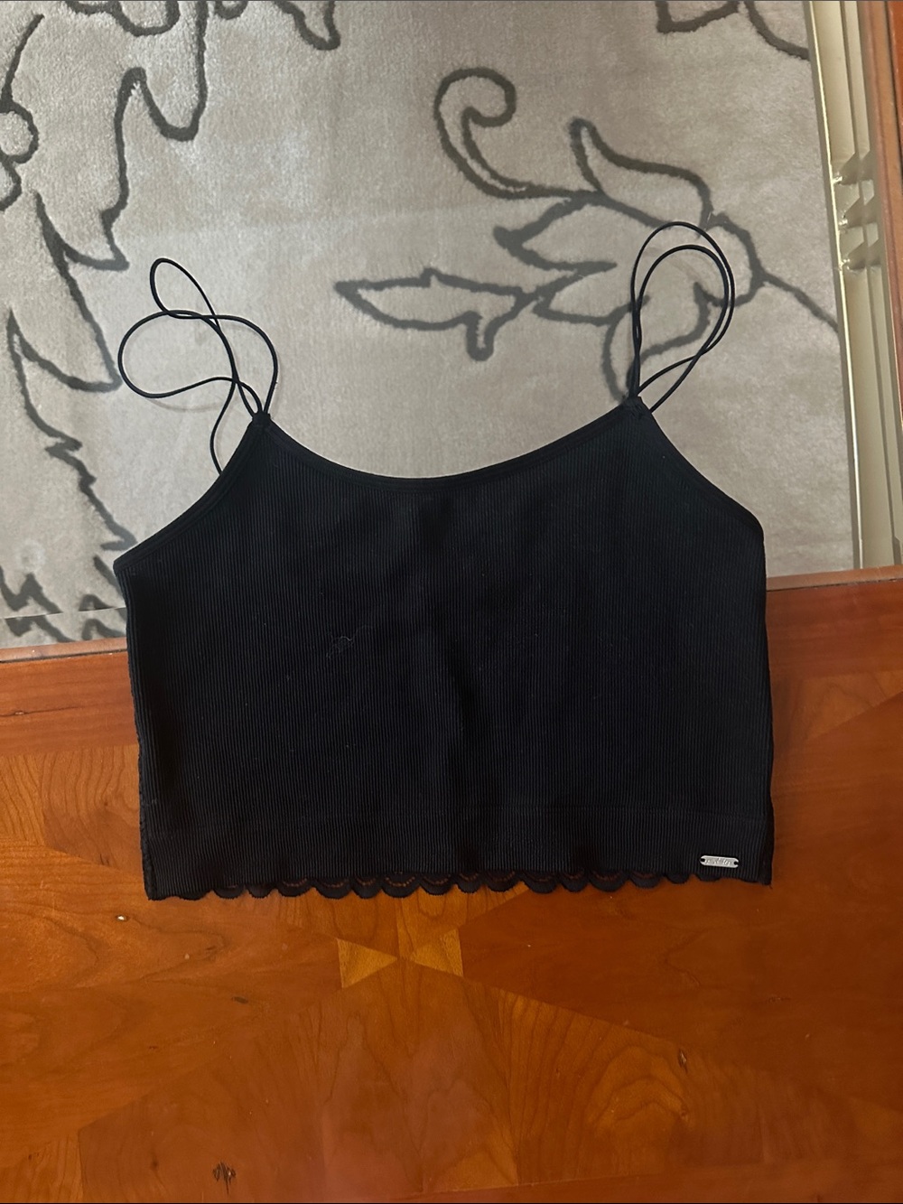 Black Ribbed Lace-Hem Cami Tank Top